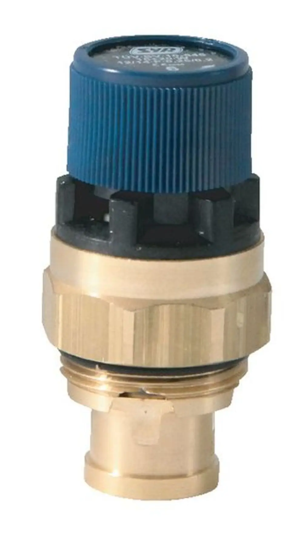 SYR Produkt mit einem blauen Kopf und einem goldfarbenen Gehäuse, vermutlich eine Austauschpatrone, die für hydraulische Systeme verwendet wird.
